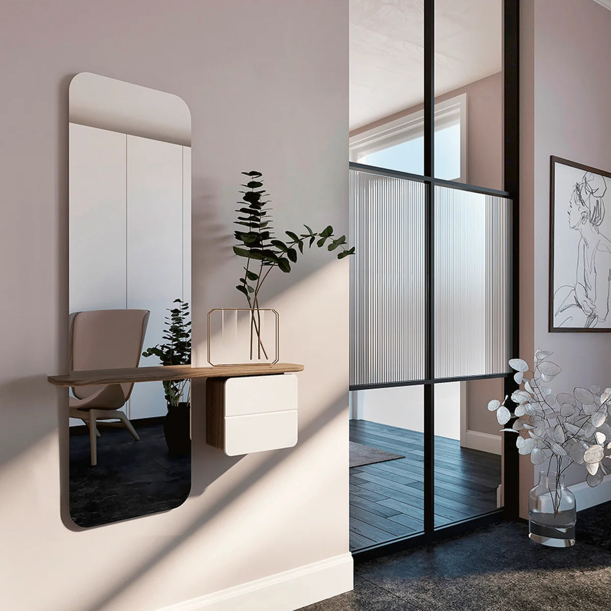 Specchio One More Look UMAGE, rovere, Pearl White, ambientato | #color_OAK-PEARL WHITE