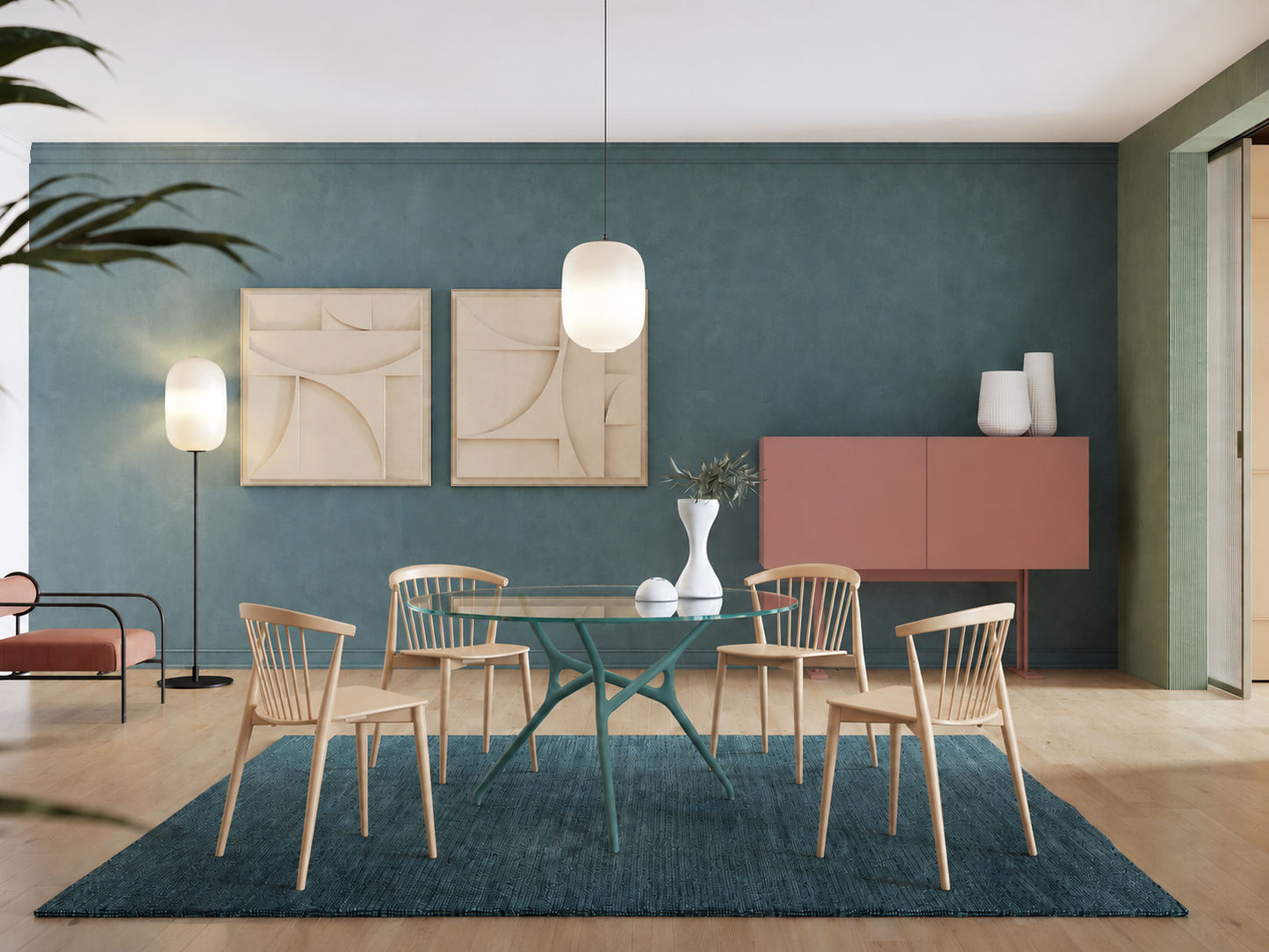 Branch Table ø130 - Piano Vetro e base opaca, mint turquoise
